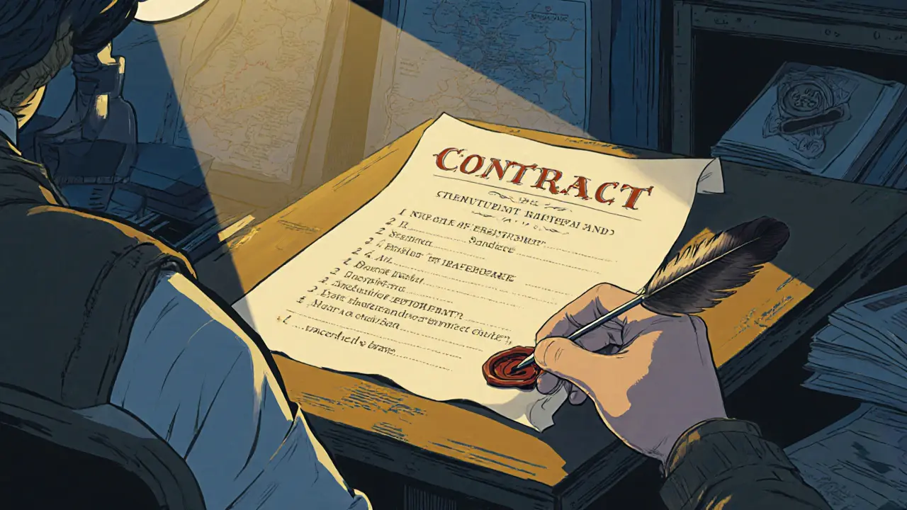 Ruka pečeťuje smlouvu o splátkách s vypsanými podmínkami.