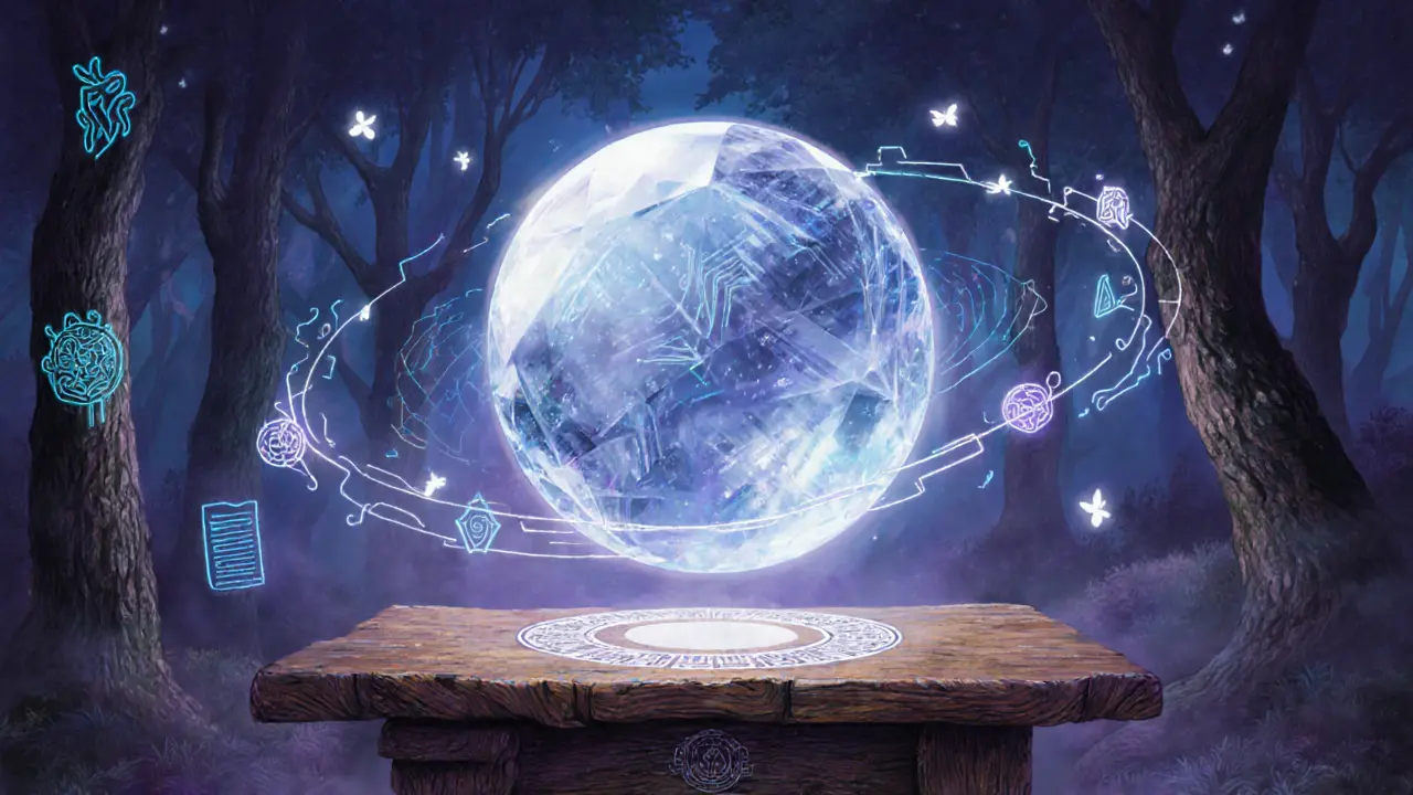 Budoucí digitální terapie jako průsvitná koule v kouzelném lese.