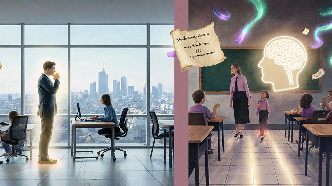 Moderní kancelář a škola v alanském stylu, lidé praktikují krátké přestávky mindfulness.