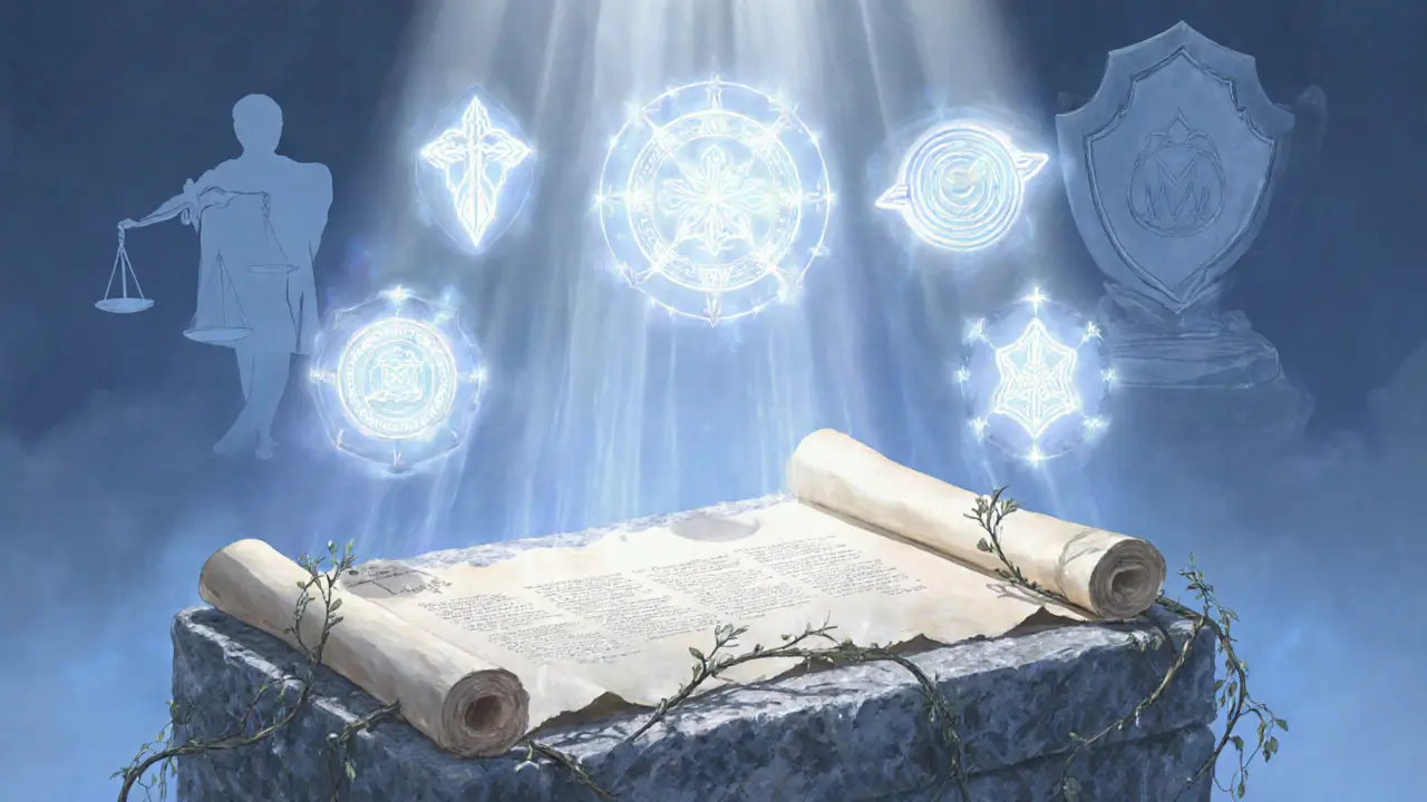 Pět zářivých symbolů představujících etické principy nad svitkem.