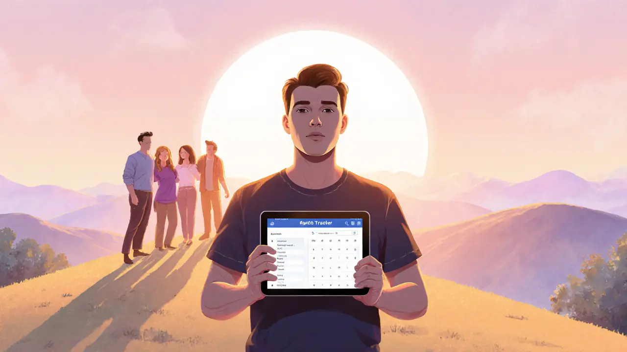 Sebevědomý člověk s tabletem na kopci při východu slunce, obklopený rodinou.