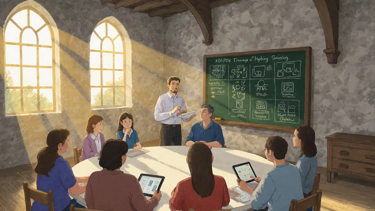 Skupinová dílna rodičů, kde se mísí papírové plány a tablety s aplikací ADHD Rodiče, osvětlená sluncem.