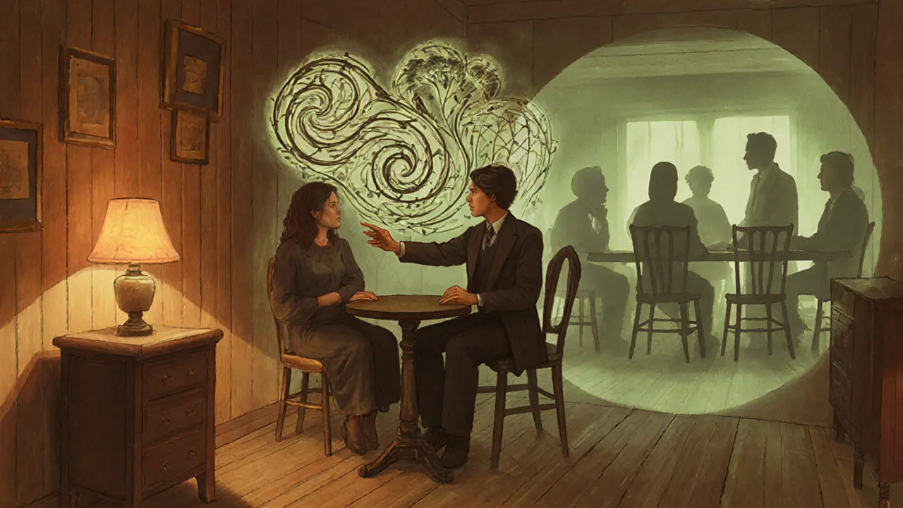 Terapeut a pacient u stolu, obklopeni abstraktními obrazy myšlenek, představují kognitivně‑behaviorální terapii.