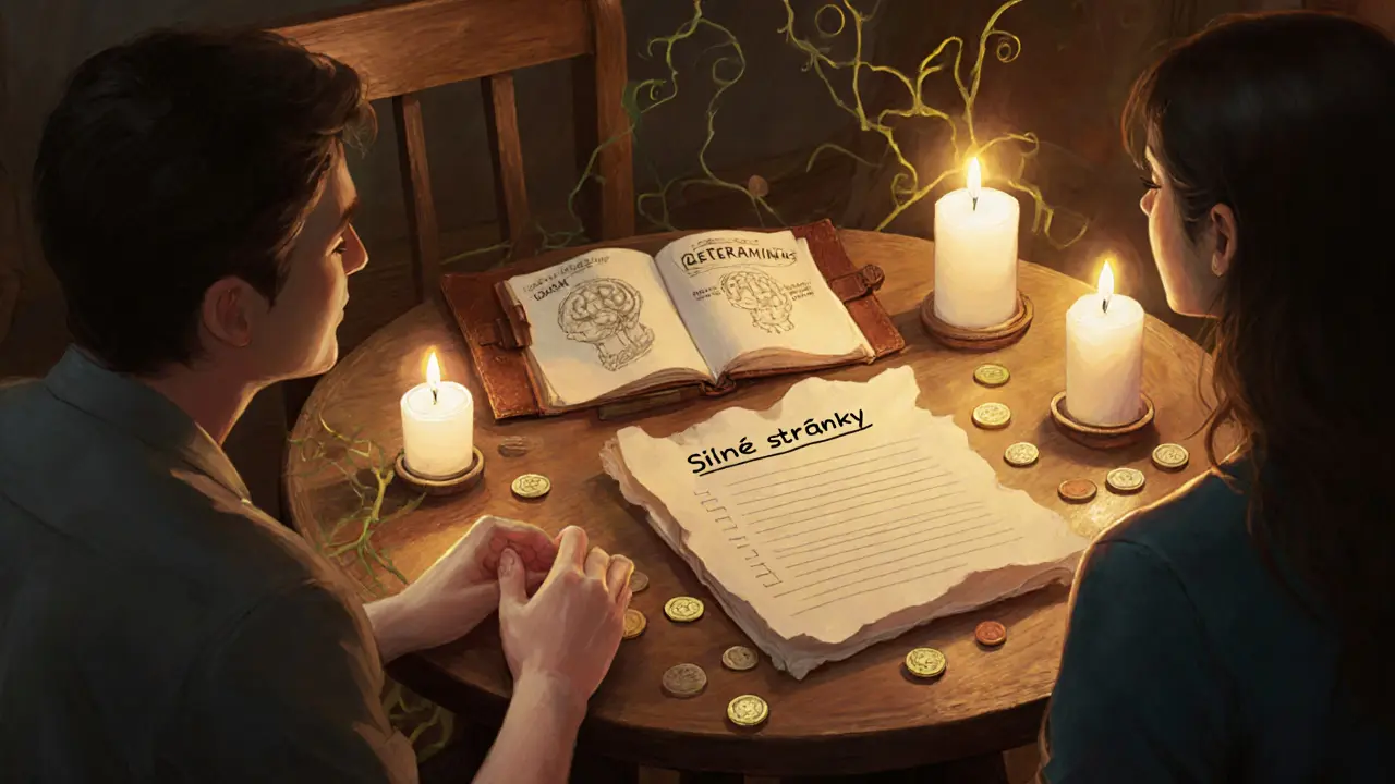 Terapeutická scéna s tabulkou tokenů, seznamem silných stránek a deníkem pro reframing.