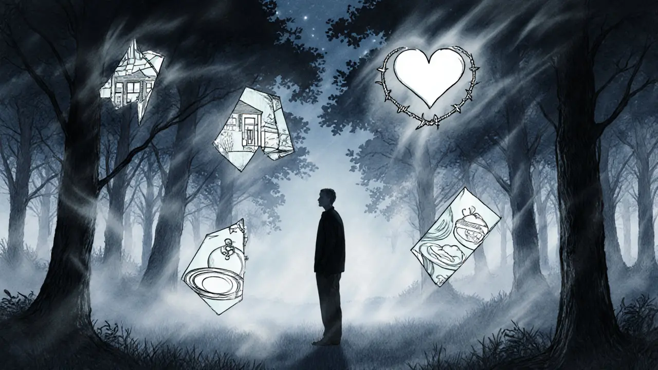 Dosplývající postava obklopena temnými stíny a symbolickými obrazy traumat.