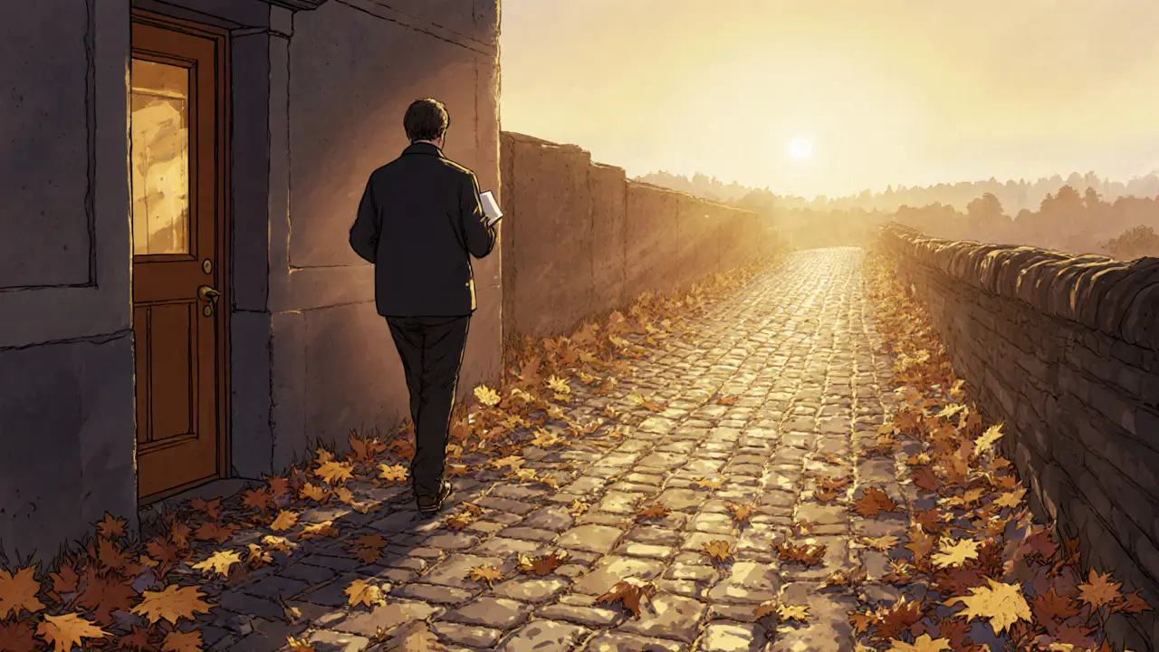 Klient odchází z terapie s poznámkami, cesta lemovaná podzimními listy.