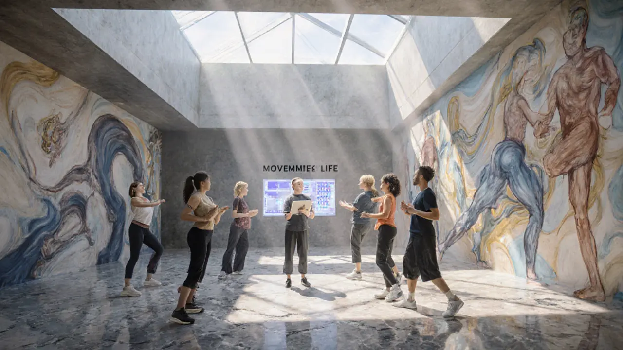 Skupina lidí cvičí v moderním wellness centru, vedoucí ukazuje data na tabletu.