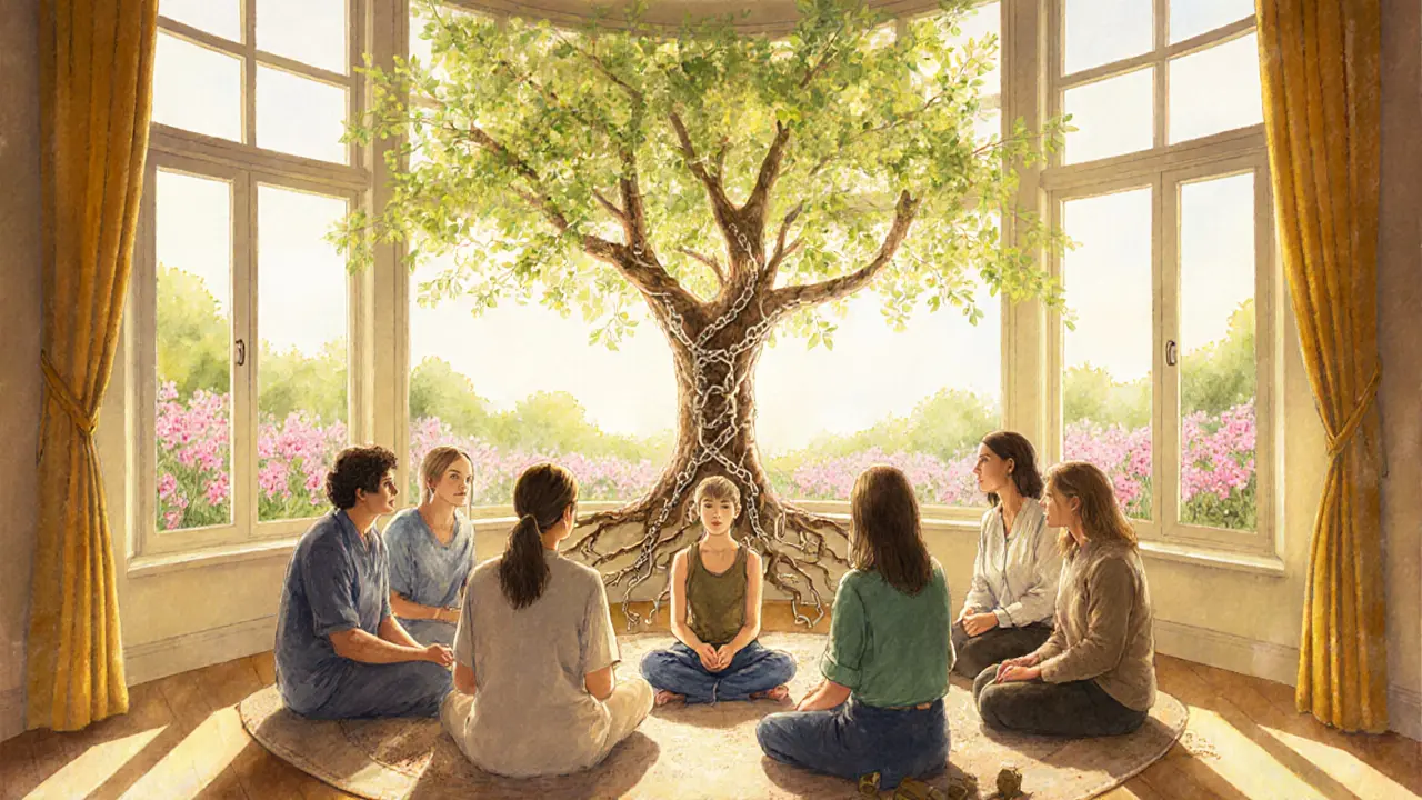 Skupina terapeutů a klienta v osvětlené místnosti, symbolizující nadějnou léčbu.