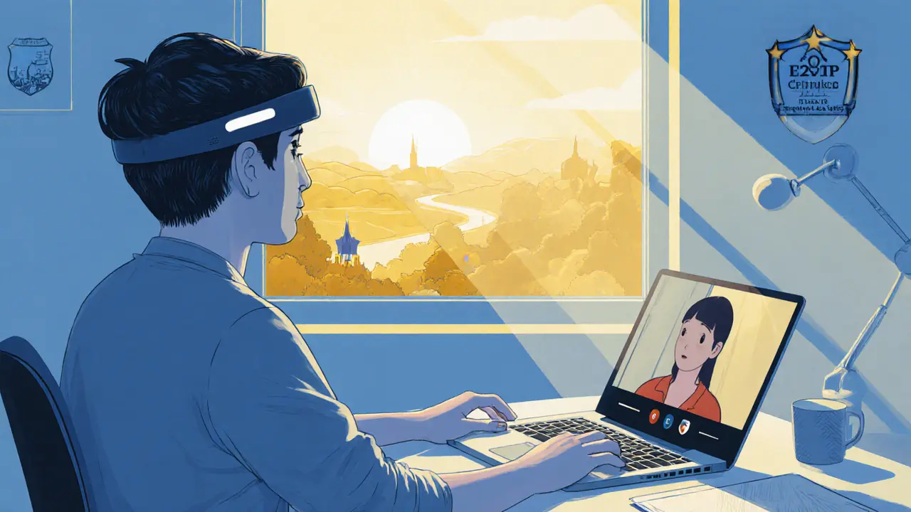 Teenager s neurofeedback páskou a videohovorem v jasném studiu s výhledem.