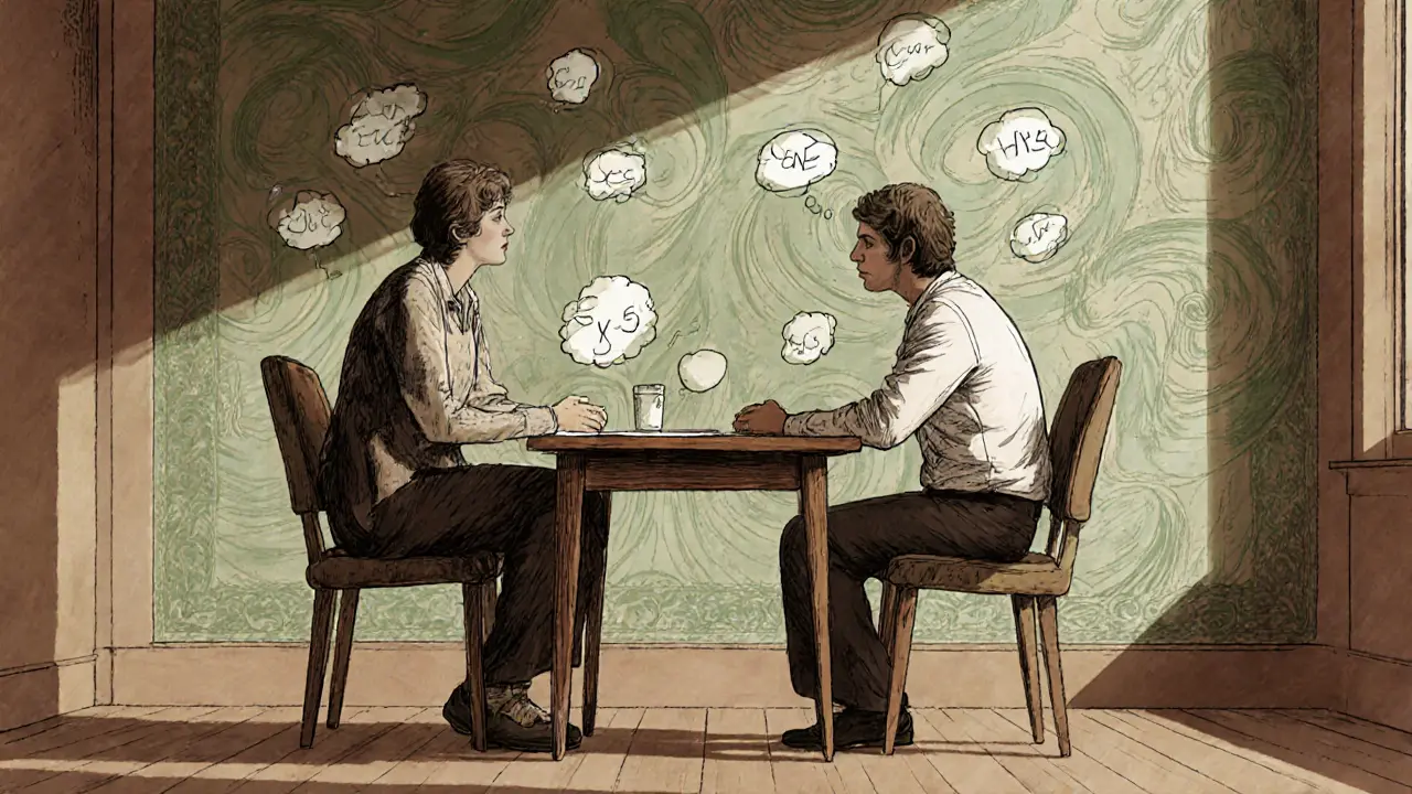 Terapeut a klient sedí naproti sobě, vedou rozhovor u dřevěného stolku.