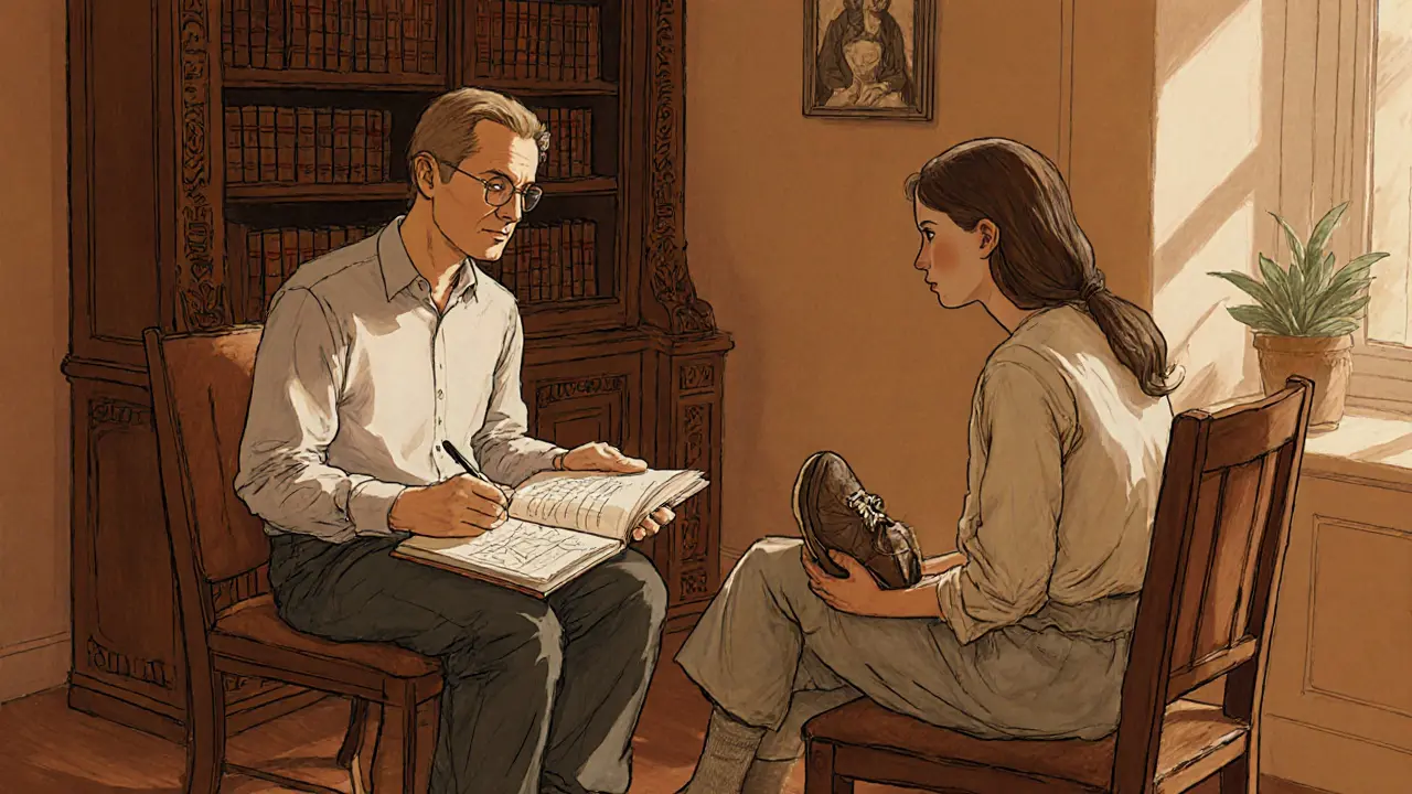 Terapeut a pacientka během terapie v teplém pokoji, na stole leží běžecká obuv.