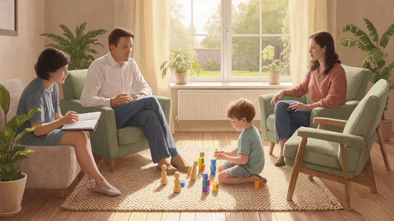 Terapeut vede dítě hrou, rodiče a mediátor sledují v teplé místnosti.