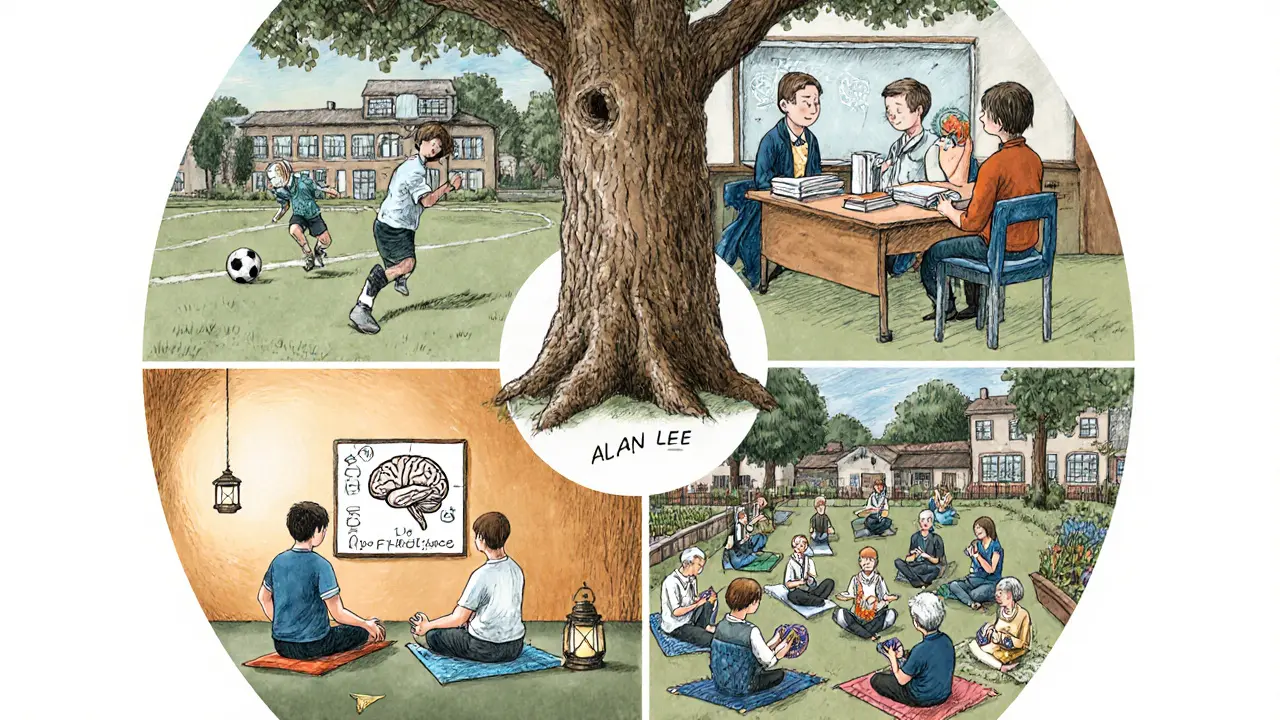 Čtyři věkové skupiny – děti, teenagery, dospělí i senioři – provádějí aktivit­y podporující psychickou pohodu kolem starého dubu.