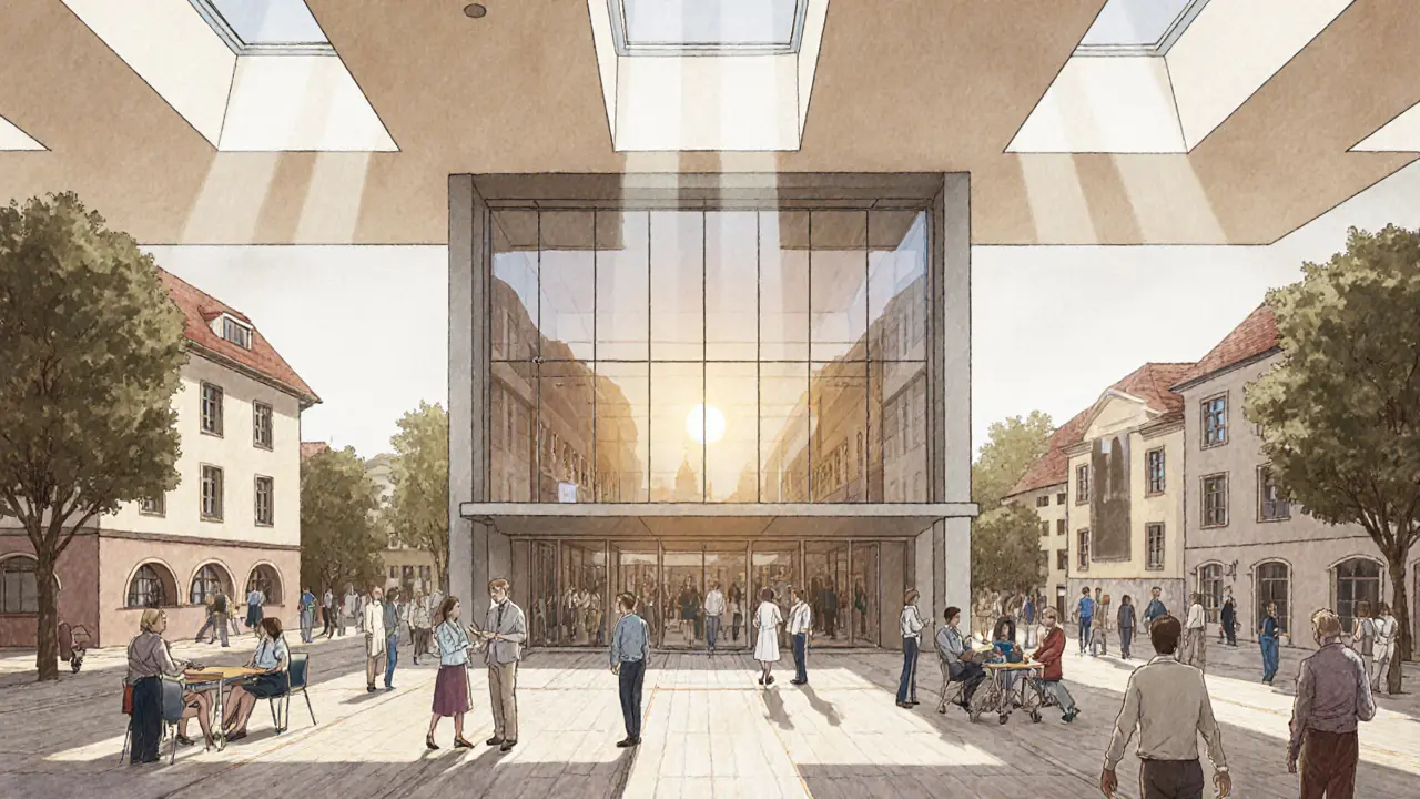 Komunitní centrum s lékaři, učiteli a dobrovolníky ukazuje spolupráci institucí pro prevenci duševních poruch.