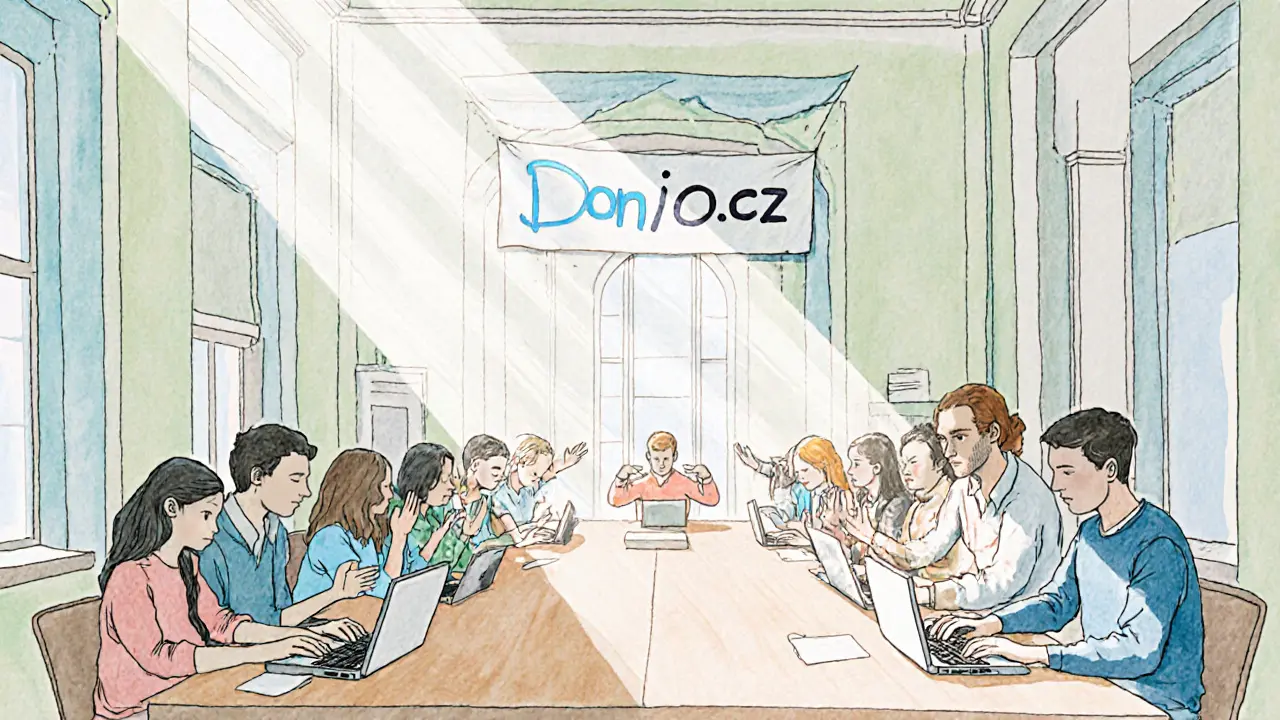 Komunitní setkání, lidé pracují na sbírce a zkoušejí EFT.