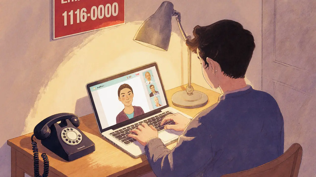 Osoba na videohovoru s terapeutem u laptopu, telefon s číslem 116 000.