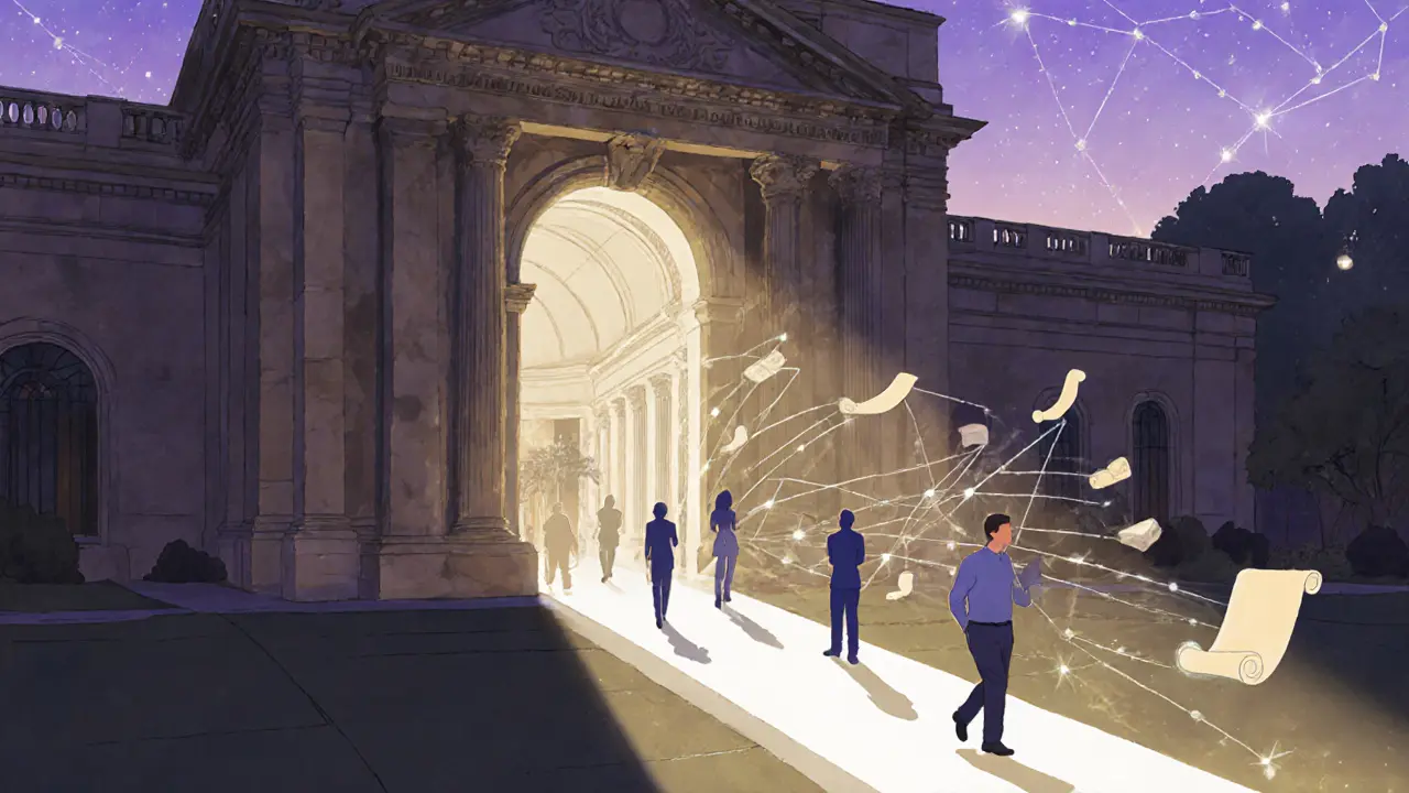 Budova centrálního registru terapeutů, osvětlená cesta a postava vstupující do nových možností.