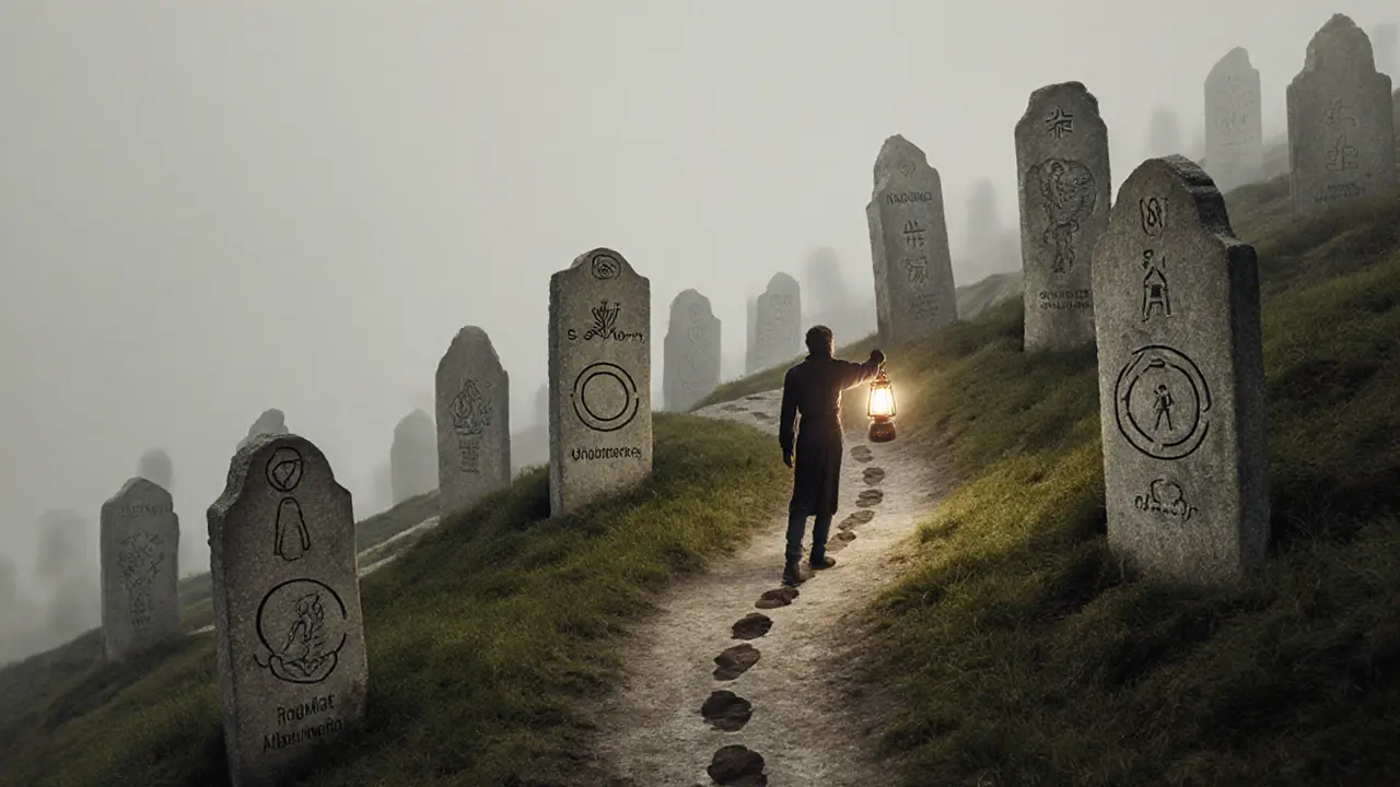 Cesta k vrcholu s kameny znázorňující poruchy, jeden člověk svítí lucernou pokroku.