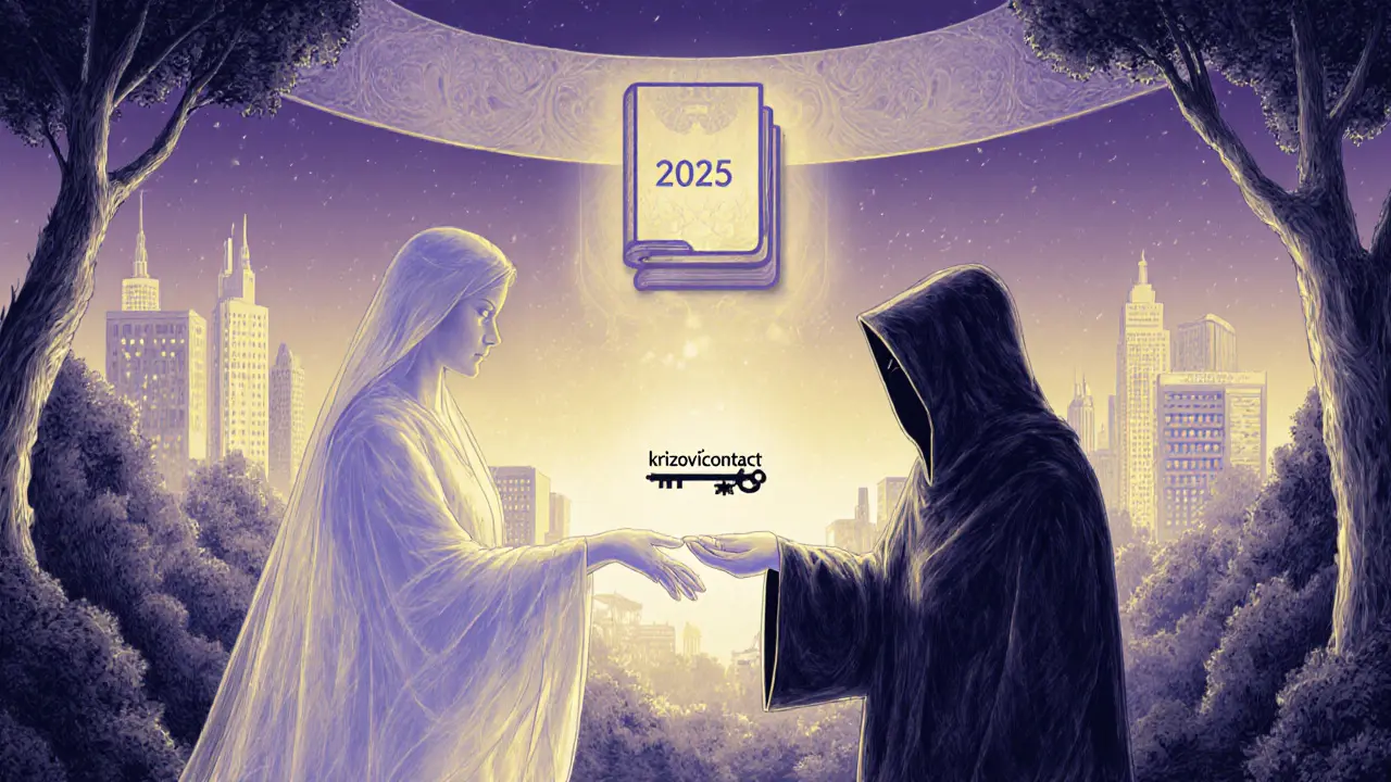 Etérický terapeut a klient v lesní mlze, přecházejí do městské krajiny s náznakem nových zákonů.