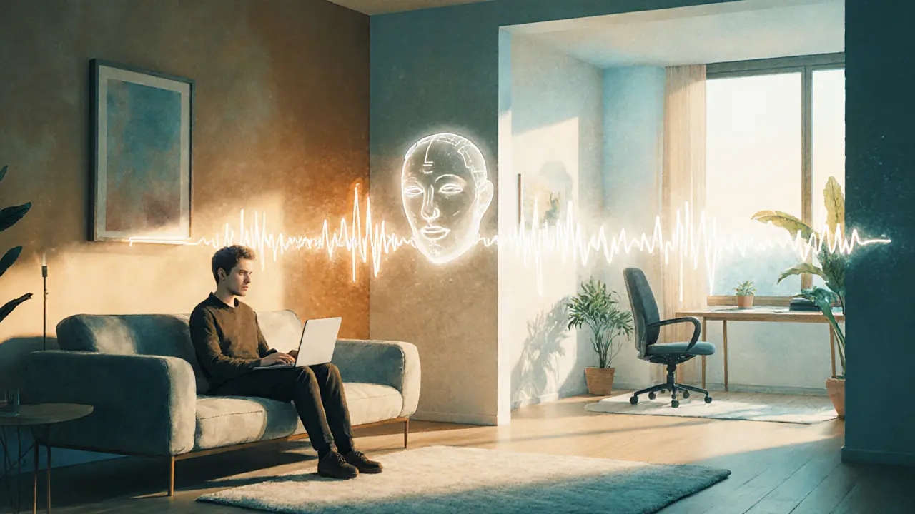 Hybridní terapie: most světla spojuje obývák a terapeutické studio, s AI pomocníkem.