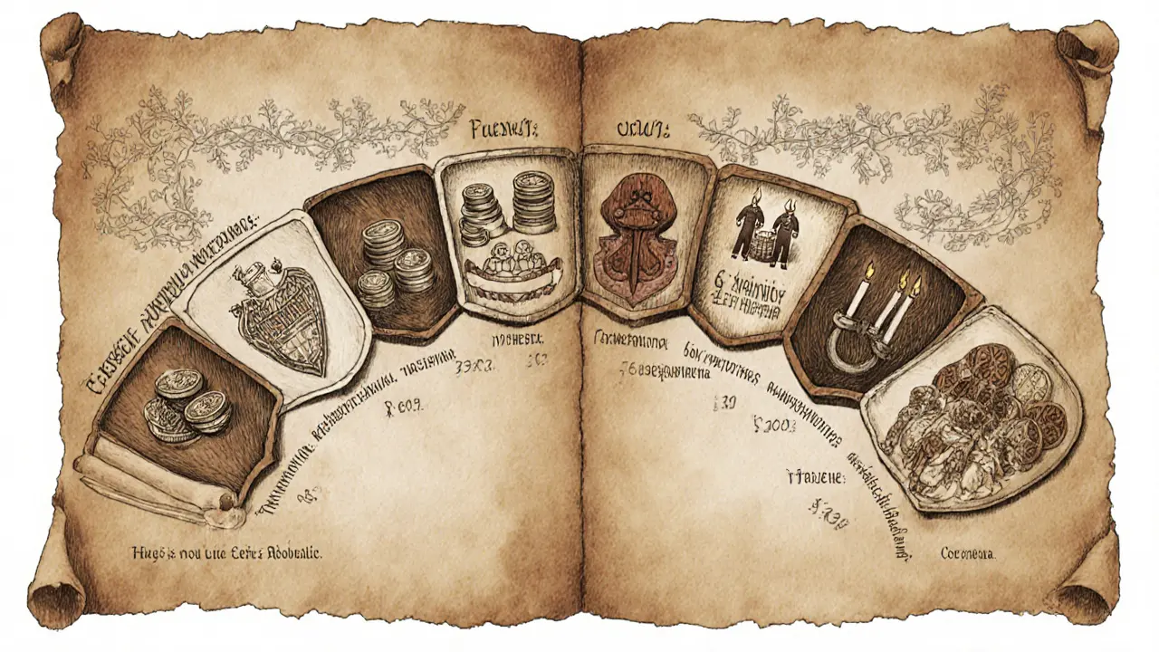 Ilustrovaný svitek s erby pojišťoven, mincemi, kruhy sjednaných sezení a skupinovou terapií.