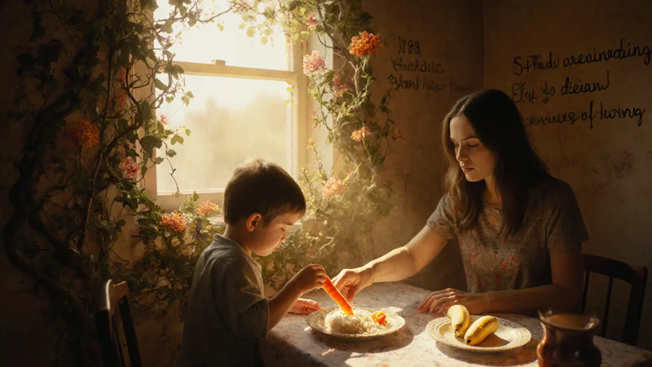 Matka klade mrkev vedle běžného jídla syna, kolem nich se anxieta mění v květy, na zdi je seznam jídle.