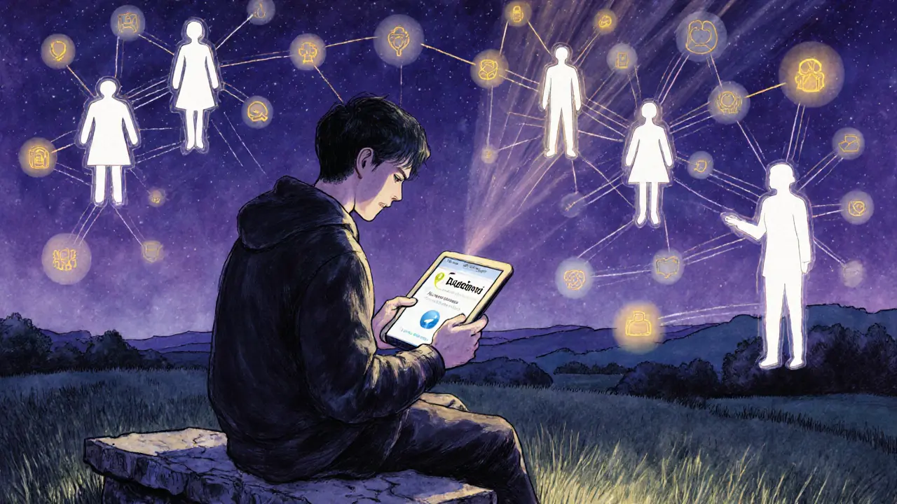 Mladý člověk s tabletem v louce, světelné vazby spojují přátele online i offline.