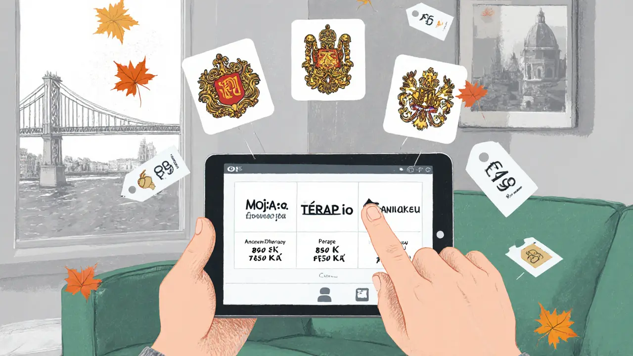 Mladý dospělý prohlíží čtyři platformy anonymní terapie s levnými štítky a panoramatem Prahy.