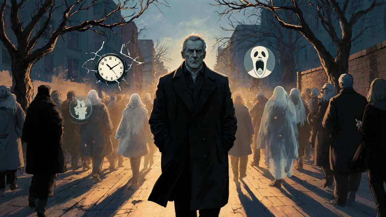 Muž prochází ulicí, lidé kolem něj jsou neviditelní, jeho tělo je těžké, kolem něj plavou symboly únavy a beznaděje.