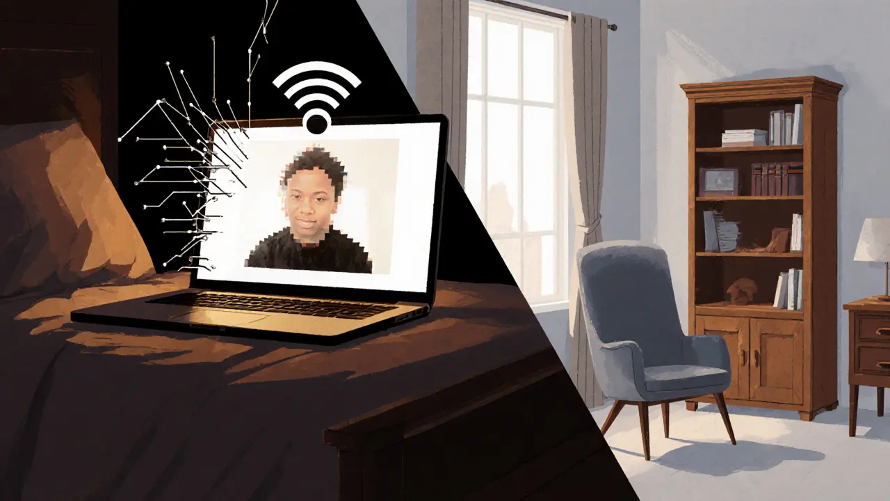 Rozdělená scéna: vlevo rozbitý videohovor, vpravo prázdná terapeutická místnost.