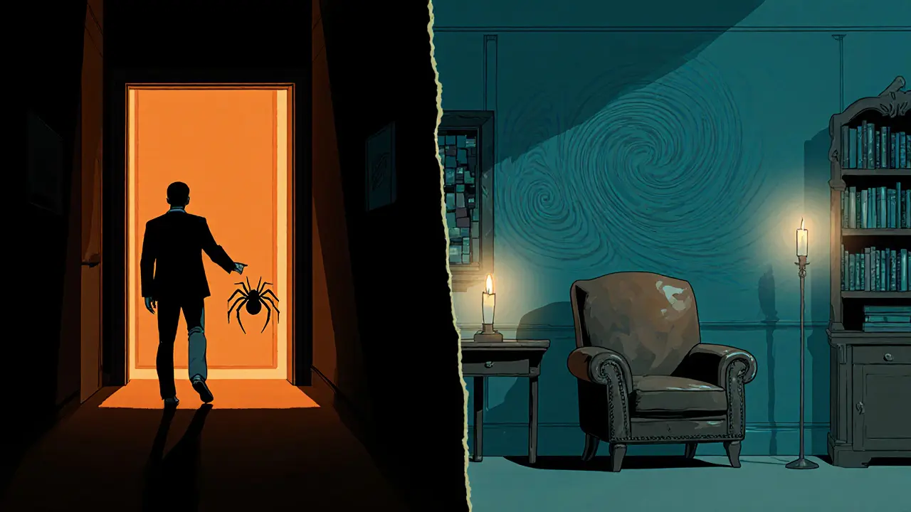 Rozdělený obraz ukazující expozici se pavou a psychodynamickou sezení u krbu.