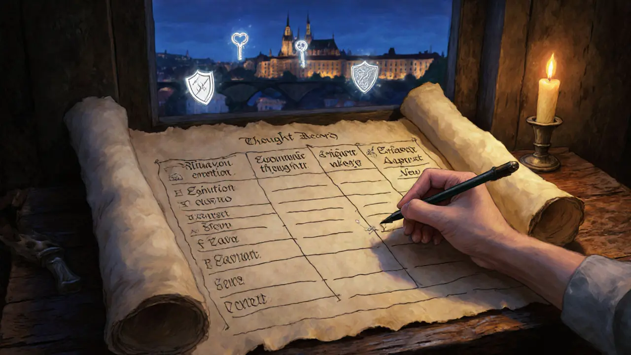 Rozvinutý svitek s kolonky záznamu myšlenek, na něm ručně psána česká slova.