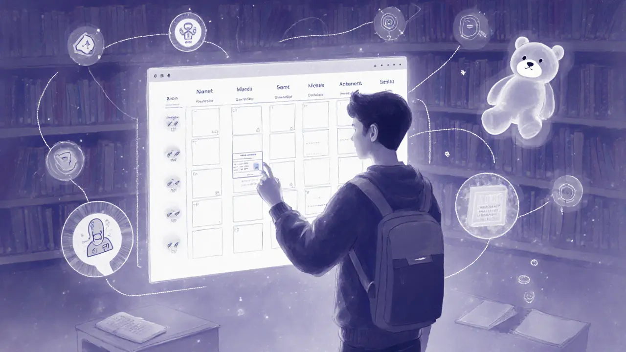 Student používá holografické rozvrhy, AI upravuje filtraci zvuku a senzory v plyšáku.