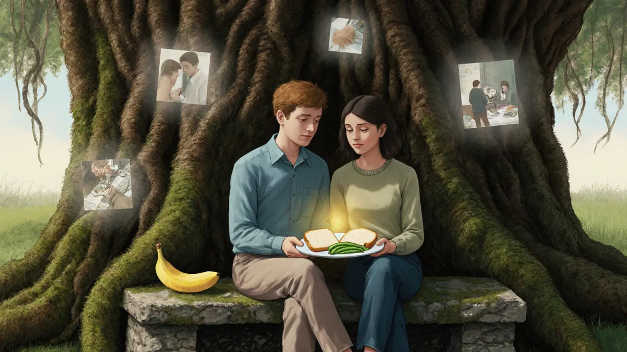 Terapeut a dospělý sedí na lavičce pod stromem, drží talíř s třemi potravinami, kolem nich plavou vzpomínky strachu.