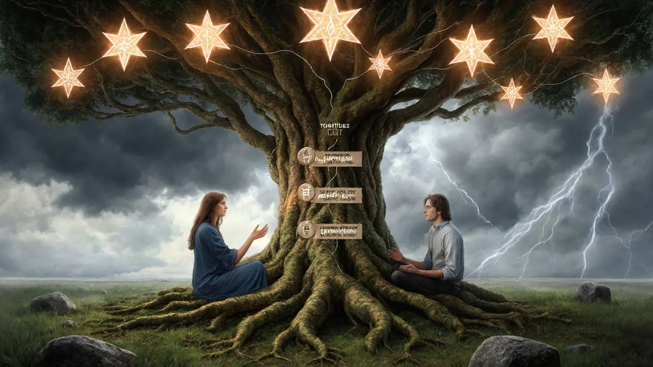 Terapeut a klient pod starým stromem, jehož kořeny tvoří strukturu terapie, s jasnými hranicemi jako světelnými vlákny.