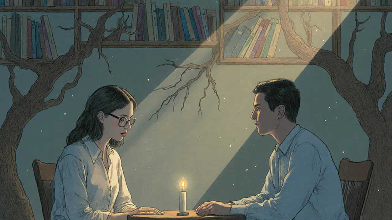 Terapeut a klient sedí proti sobě v klidné místnosti s jedinou svíčkou mezi nimi.