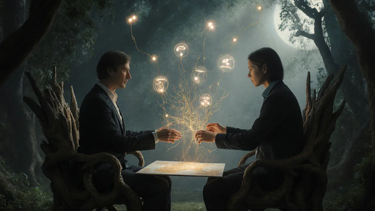 Terapeut a pacient spolu na mapě vztahů převazují zlomené nitky zlatým vláknem.