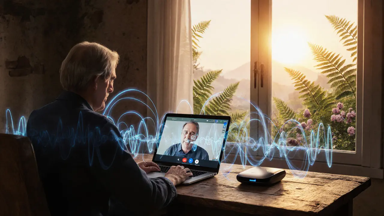 Terapeut s laptopem, neurofeedback zařízením a symboly ACT/DBT v ráno rozjasněném pokoji.