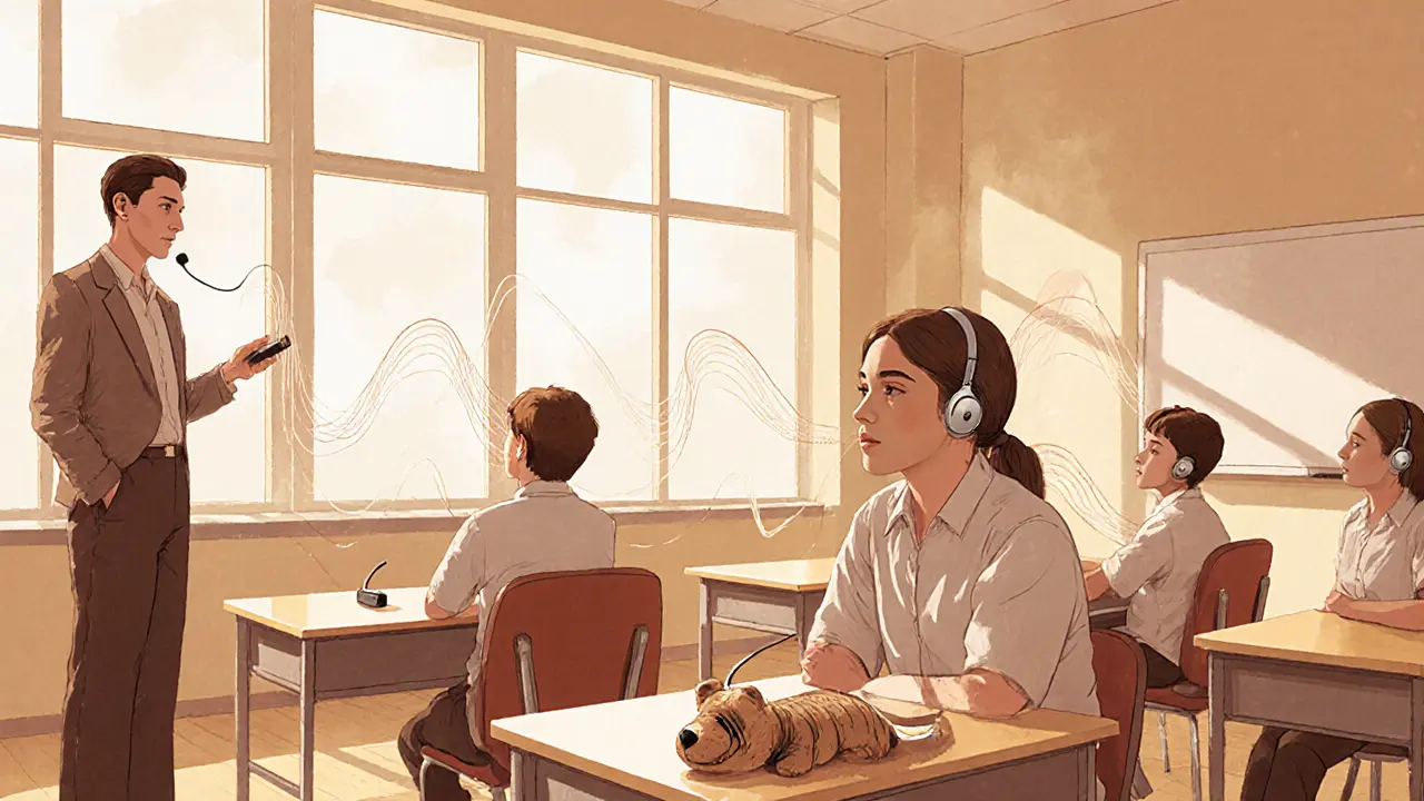 Třída s učitelem s mikrofonem, žákem s earpiece a plyšovým zátěžovým mazlíčkem.