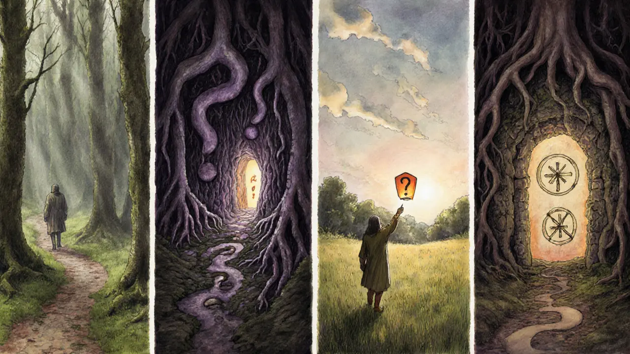 Cesta čtyřmi fázemi terapie jako kouzelný les s křížem světla a stínu.