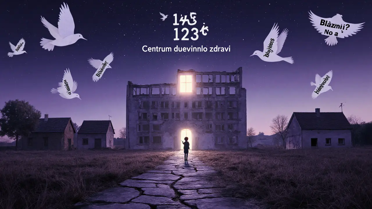 Cesta k poloprázdnému centru duševního zdraví s letícími papírovými ptáky a dítětem táhnoucím se k světlu.