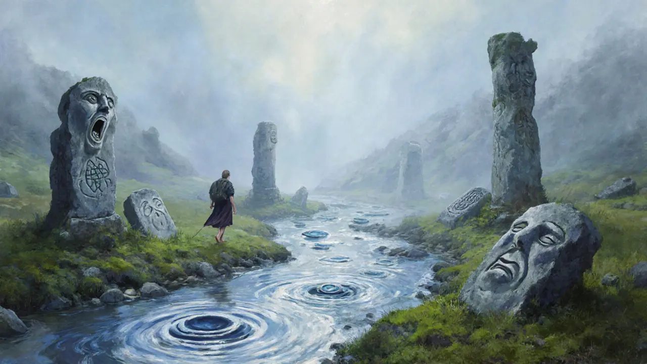 Cestovatel kráčí po břehu řeky, kde každá vlnka je myšlenka.