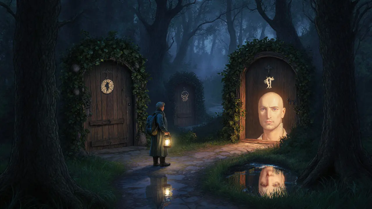 Cestovatel před třemi dveřmi symbolizujícími různé přístupy k terapii.