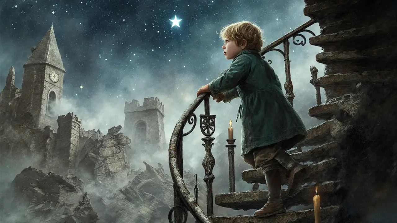 Child holding an iron railing as a castle of chaos crumbles behind them.