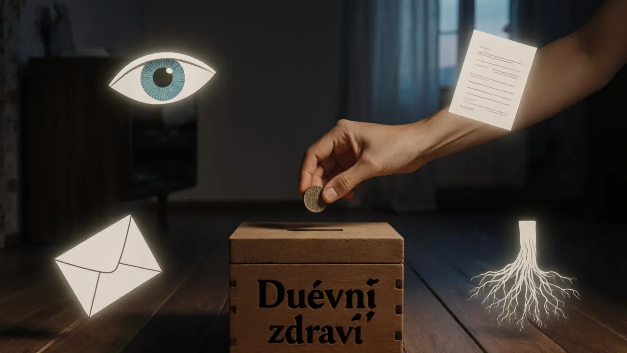 Člověk ukládá minci 50 Kč do dřevěné krabice s nápisem &#039;Duševní zdraví&#039; v tichém bytě.