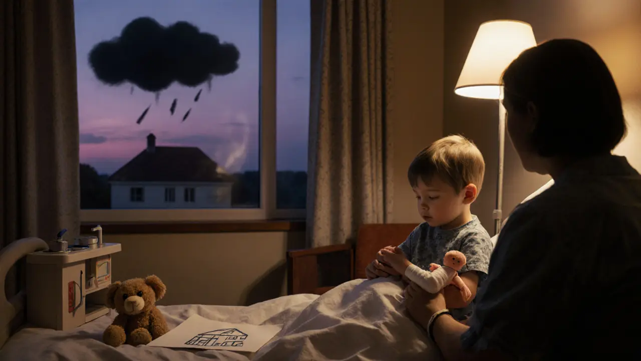 Dítě na nemocniční posteli hraje s hračkami, terapeut drží panenku s obvazem, teplé osvětlení vytváří klidnou atmosféru.