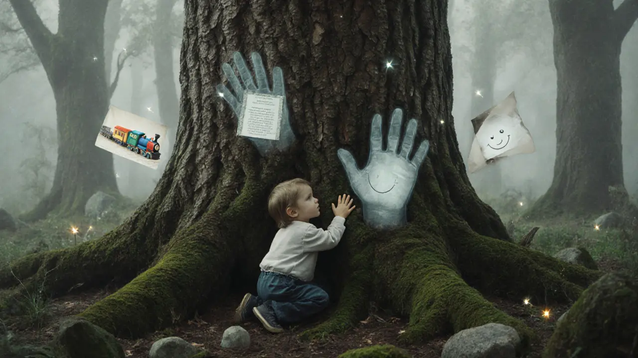 Dítě se dotýká stromu, ze kterého vyrůstají vzpomínky v podobě duševních rukou.