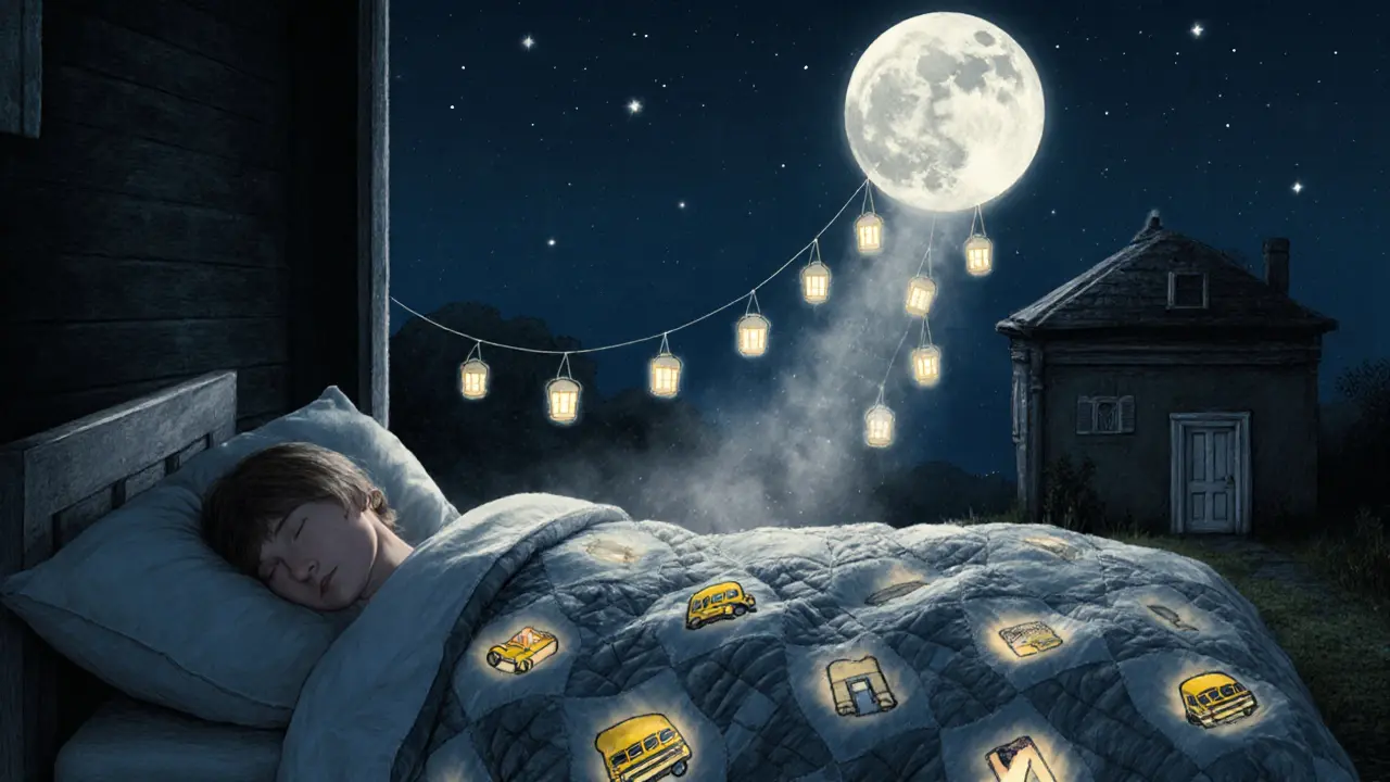 Dítě spí pod pokrývkou s obrázky rutiny, zatímco nad ním stoupají světlé lampiony jako symbol pokroku.