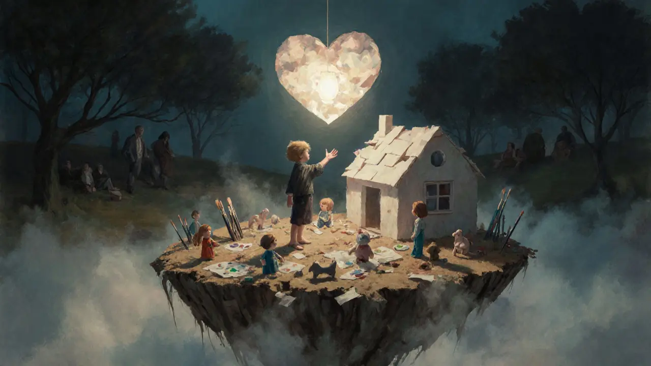 Dítě stojí na ostrově hraček, pod ním se rozpadá dům, nad nimi svítí světlá srdcovitá lampa ve věčném večeru.