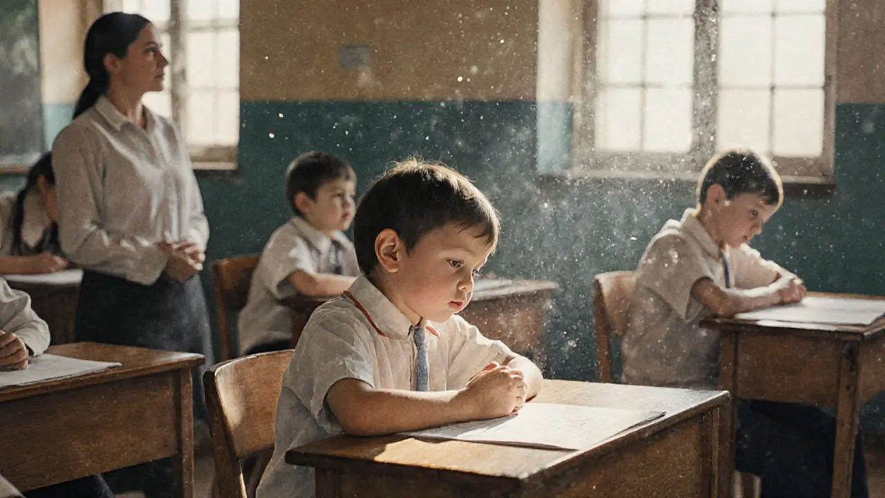 Dítě v třídě provádí protipohyb proti tiku, učitelka ho pozoruje s porozuměním.